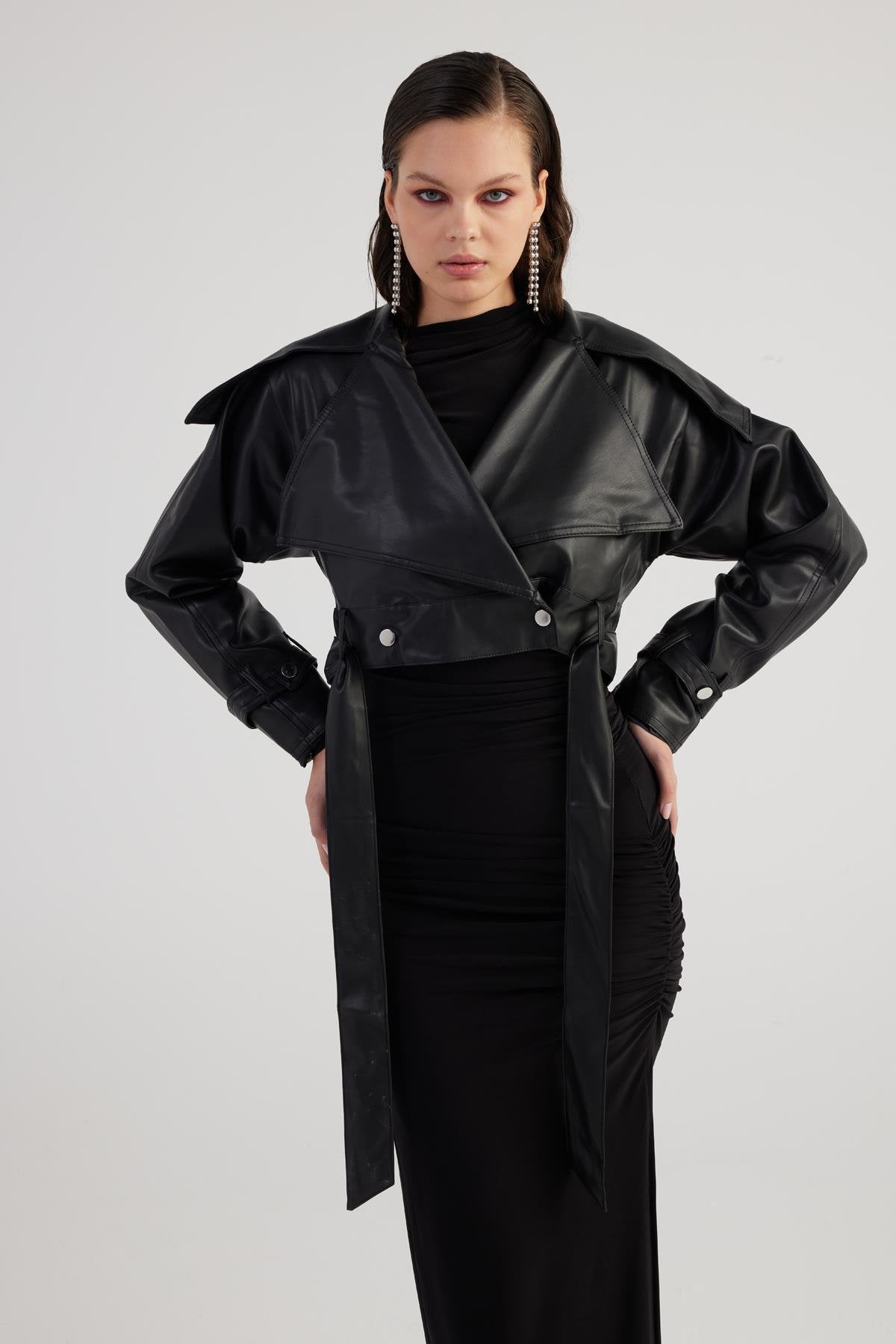 Neeko Black Faux Leather Cropped Jacket - StepByStep