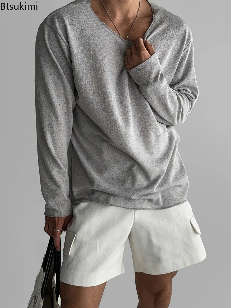 New 2026 Men's Casual Long Sleeve T Shirt O - neck Solid Color Breathable Men Streetwear Soft Clothing Fashion Male Shirts Tops - StepByStepNow