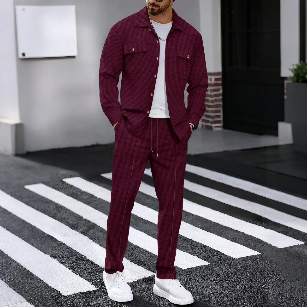 New autumn style waffle long - sleeved solid - color double - pocket buttoned cardigan shirt and pants set - StepByStepNow