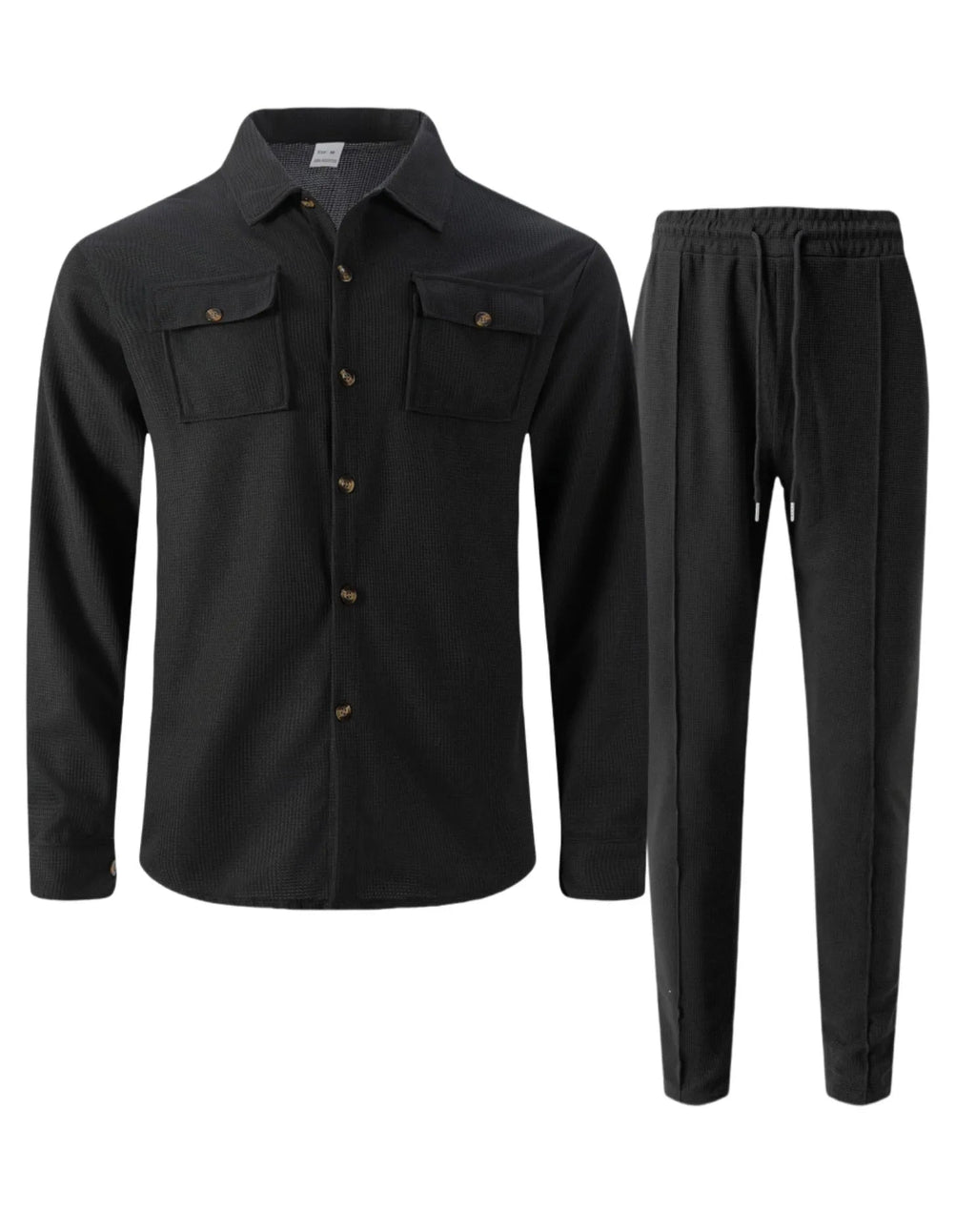 New autumn style waffle long - sleeved solid - color double - pocket buttoned cardigan shirt and pants set - StepByStepNow
