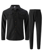 New autumn style waffle long - sleeved solid - color double - pocket buttoned cardigan shirt and pants set - StepByStepNow