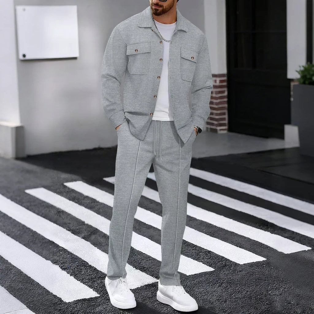 New autumn style waffle long - sleeved solid - color double - pocket buttoned cardigan shirt and pants set - StepByStepNow