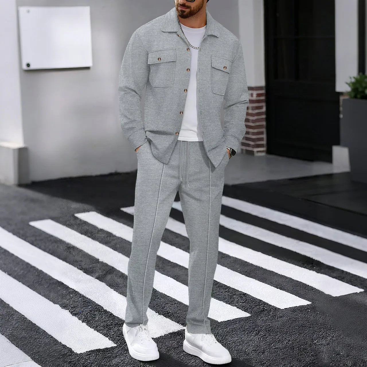 New autumn style waffle long - sleeved solid - color double - pocket buttoned cardigan shirt and pants set - StepByStepNow