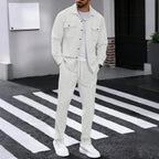 New autumn style waffle long - sleeved solid - color double - pocket buttoned cardigan shirt and pants set - StepByStepNow