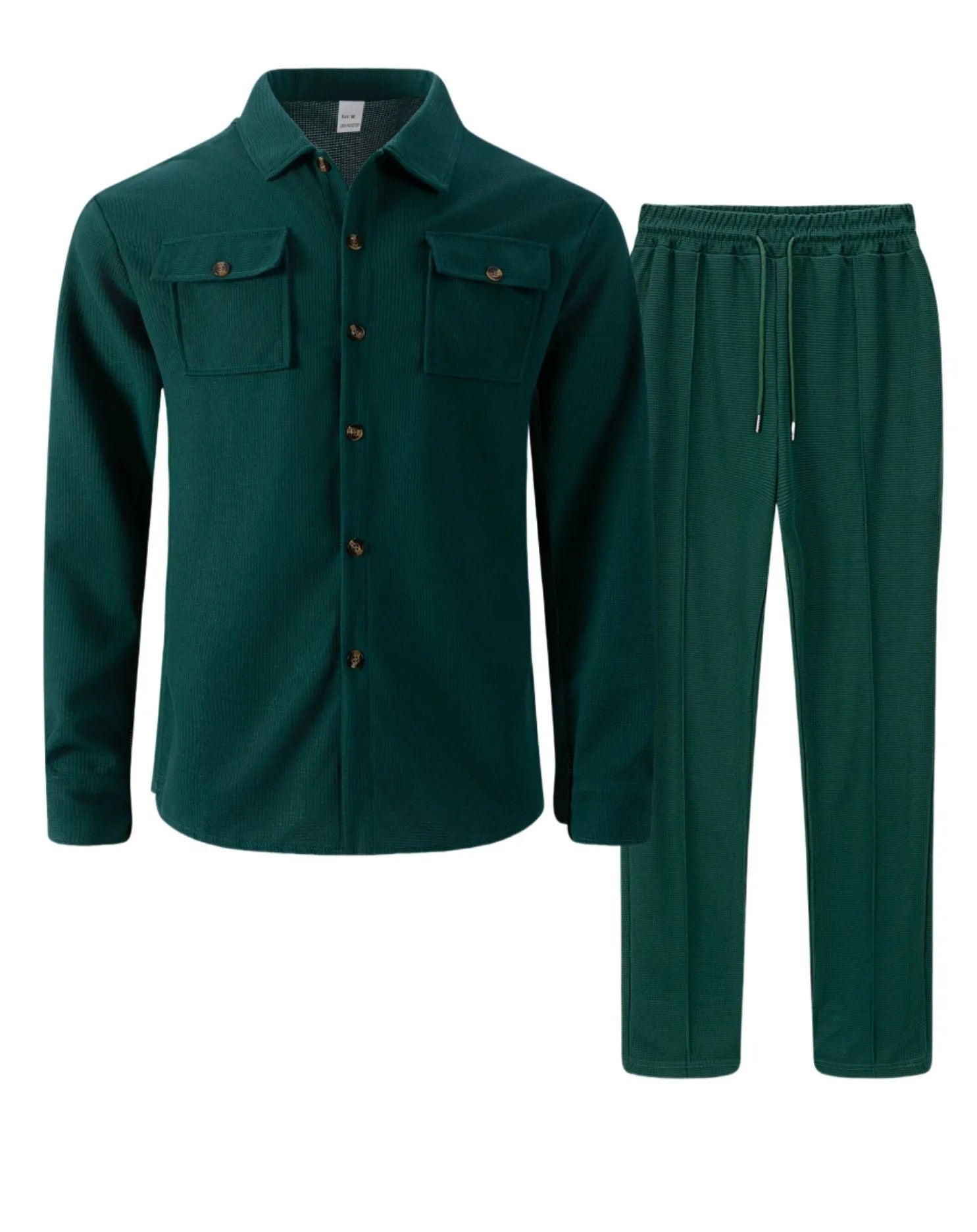 New autumn style waffle long - sleeved solid - color double - pocket buttoned cardigan shirt and pants set - StepByStepNow