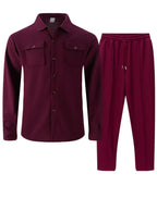 New autumn style waffle long - sleeved solid - color double - pocket buttoned cardigan shirt and pants set - StepByStepNow