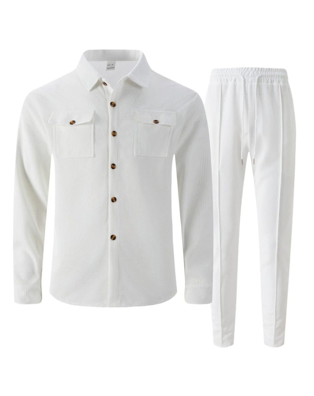 New autumn style waffle long - sleeved solid - color double - pocket buttoned cardigan shirt and pants set - StepByStepNow