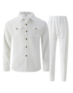 New autumn style waffle long - sleeved solid - color double - pocket buttoned cardigan shirt and pants set - StepByStepNow