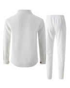New autumn style waffle long - sleeved solid - color double - pocket buttoned cardigan shirt and pants set - StepByStepNow