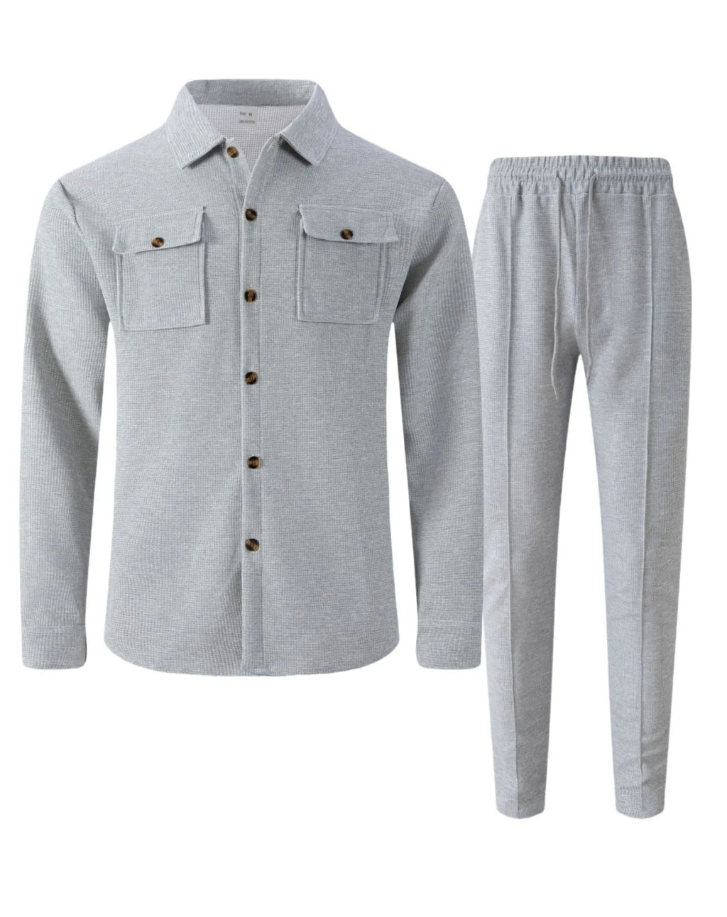 New autumn style waffle long - sleeved solid - color double - pocket buttoned cardigan shirt and pants set - StepByStepNow