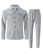 New autumn style waffle long - sleeved solid - color double - pocket buttoned cardigan shirt and pants set - StepByStepNow