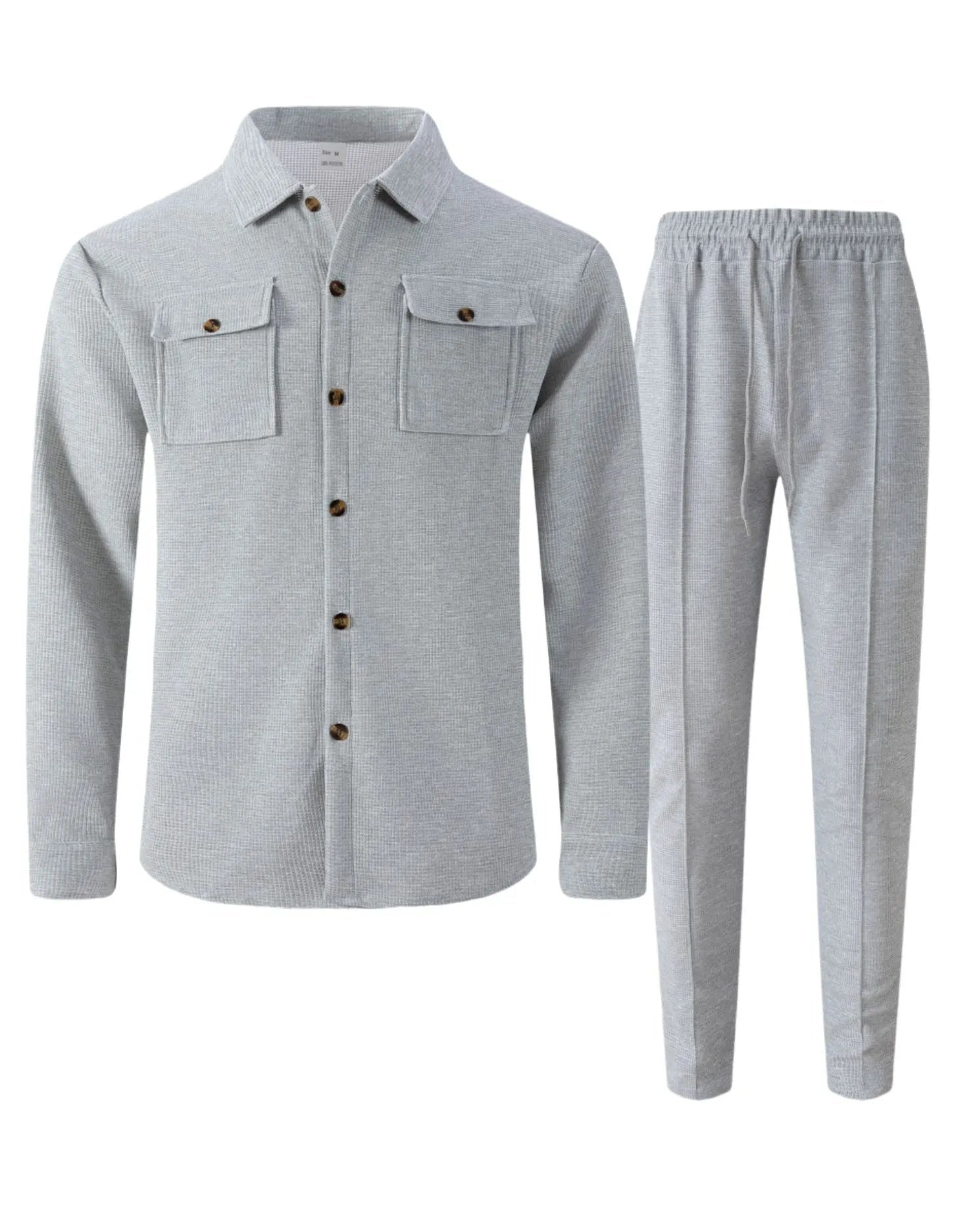 New autumn style waffle long - sleeved solid - color double - pocket buttoned cardigan shirt and pants set - StepByStepNow