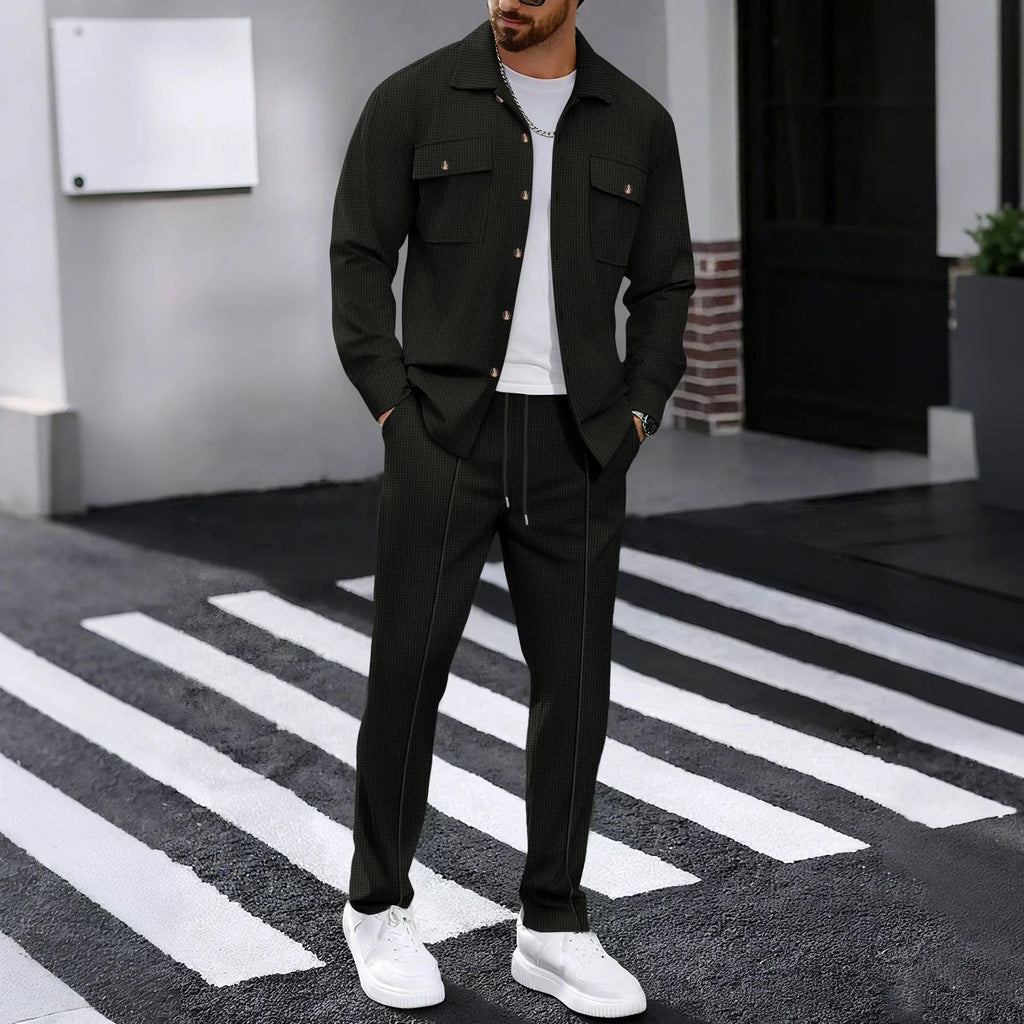 New autumn style waffle long - sleeved solid - color double - pocket buttoned cardigan shirt and pants set - StepByStepNow