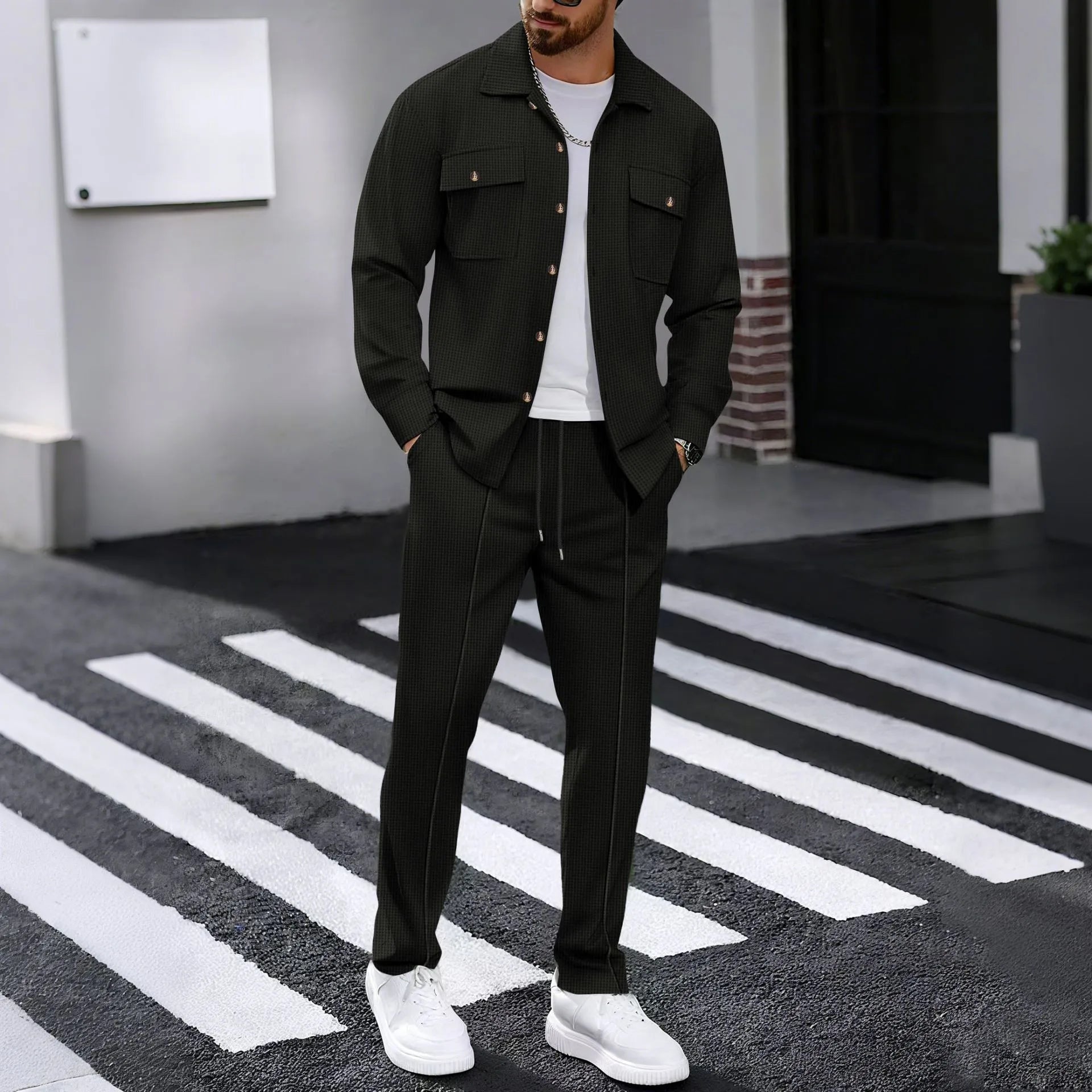 New autumn style waffle long - sleeved solid - color double - pocket buttoned cardigan shirt and pants set - StepByStepNow