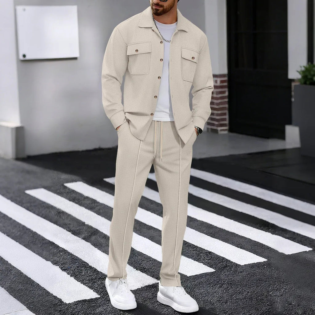 New autumn style waffle long - sleeved solid - color double - pocket buttoned cardigan shirt and pants set - StepByStepNow