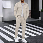 New autumn style waffle long - sleeved solid - color double - pocket buttoned cardigan shirt and pants set - StepByStepNow