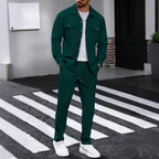New autumn style waffle long - sleeved solid - color double - pocket buttoned cardigan shirt and pants set - StepByStepNow