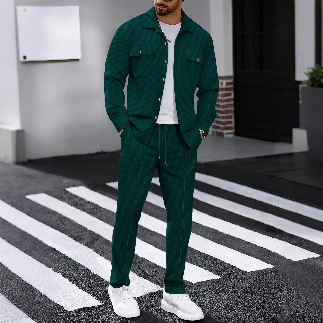 New autumn style waffle long - sleeved solid - color double - pocket buttoned cardigan shirt and pants set - StepByStepNow