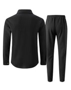 New autumn style waffle long - sleeved solid - color double - pocket buttoned cardigan shirt and pants set - StepByStepNow