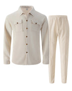 New autumn style waffle long - sleeved solid - color double - pocket buttoned cardigan shirt and pants set - StepByStepNow