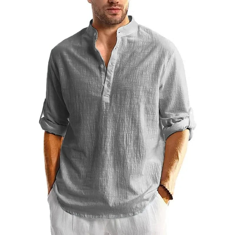New Men's Linen Cotton Tshirts Long Sleeve Button Up Shirts Henley Beach Shirts Hawaiian T Shirts for Men Breathable Tops - StepByStepNow