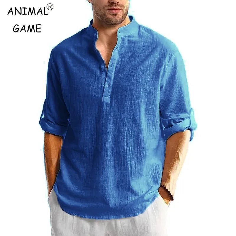 New Men's Linen Cotton Tshirts Long Sleeve Button Up Shirts Henley Beach Shirts Hawaiian T Shirts for Men Breathable Tops - StepByStepNow