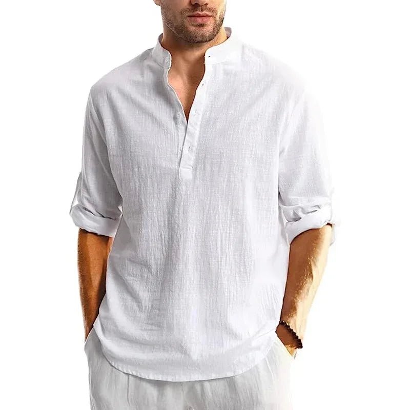 New Men's Linen Cotton Tshirts Long Sleeve Button Up Shirts Henley Beach Shirts Hawaiian T Shirts for Men Breathable Tops - StepByStepNow