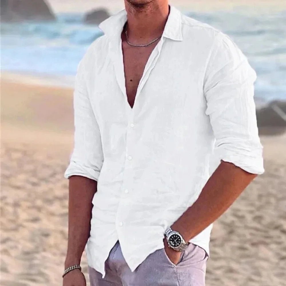 New Men's Shirt Cotton linen Casual Polo Neck Beach Shirt Long Sleeve Solid Hawaiian Holiday Shirts Streetwear - StepByStepNow