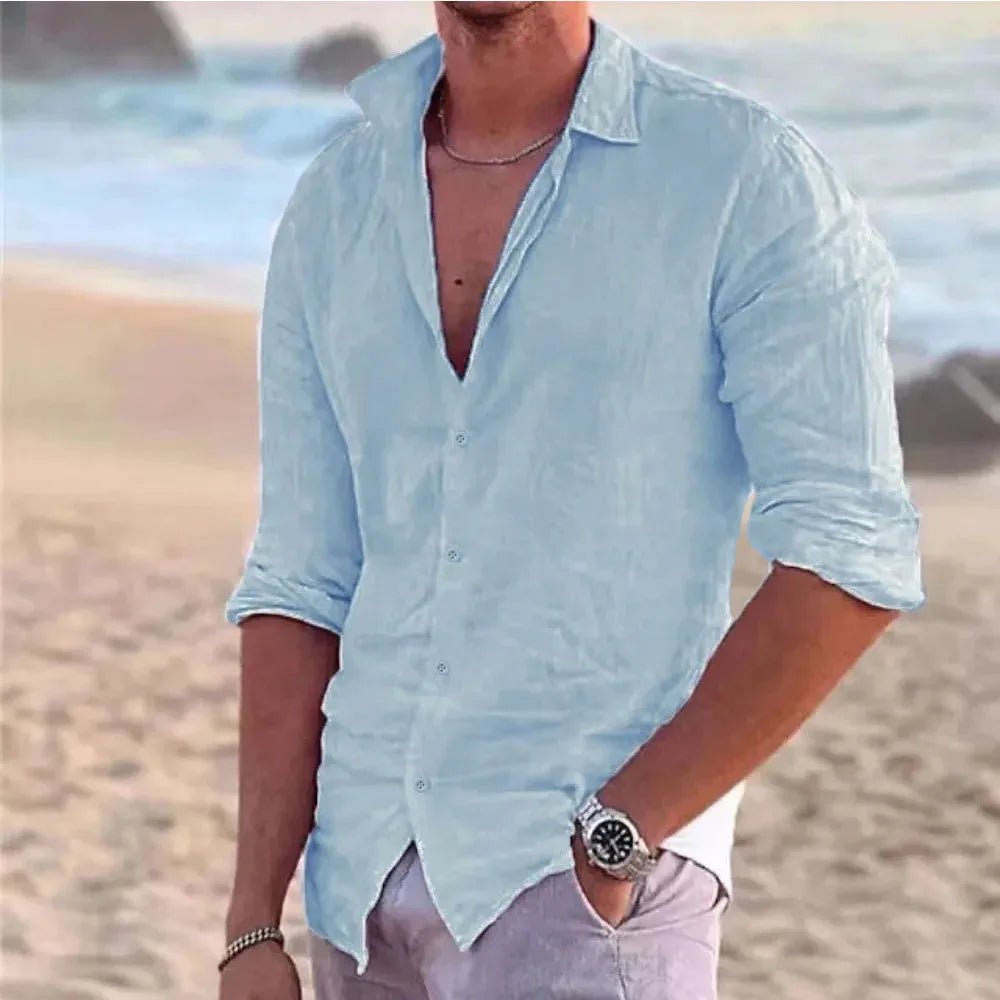 New Men's Shirt Cotton linen Casual Polo Neck Beach Shirt Long Sleeve Solid Hawaiian Holiday Shirts Streetwear - StepByStepNow