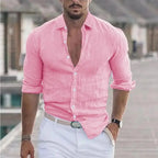 New Men's Shirt Cotton linen Casual Polo Neck Beach Shirt Long Sleeve Solid Hawaiian Holiday Shirts Streetwear - StepByStepNow