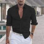 New Men's Shirt Cotton linen Casual Polo Neck Beach Shirt Long Sleeve Solid Hawaiian Holiday Shirts Streetwear - StepByStepNow