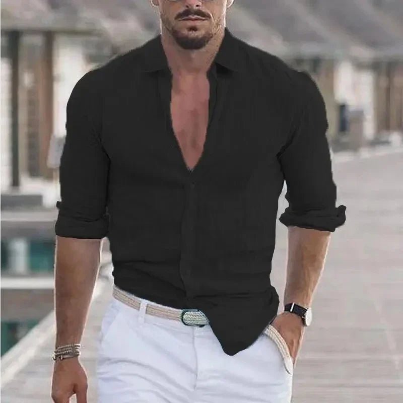 New Men's Shirt Cotton linen Casual Polo Neck Beach Shirt Long Sleeve Solid Hawaiian Holiday Shirts Streetwear - StepByStepNow