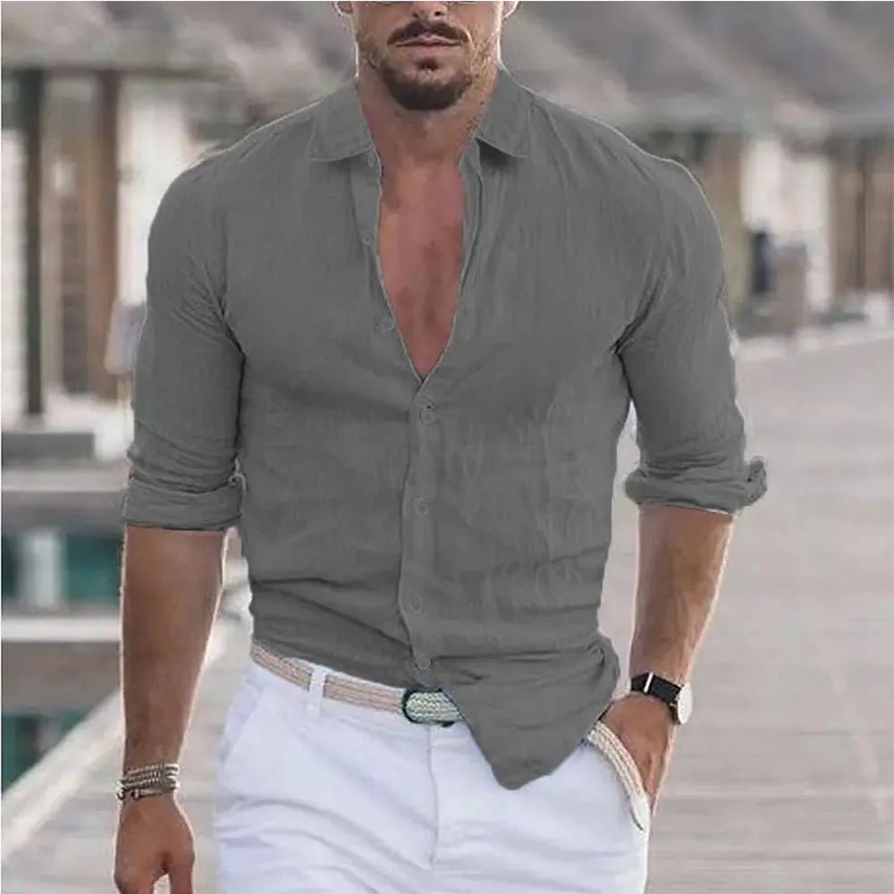New Men's Shirt Cotton linen Casual Polo Neck Beach Shirt Long Sleeve Solid Hawaiian Holiday Shirts Streetwear - StepByStepNow