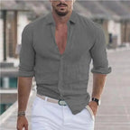 New Men's Shirt Cotton linen Casual Polo Neck Beach Shirt Long Sleeve Solid Hawaiian Holiday Shirts Streetwear - StepByStepNow