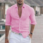 New Men's Shirt Cotton linen Casual Polo Neck Beach Shirt Long Sleeve Solid Hawaiian Holiday Shirts Streetwear - StepByStepNow