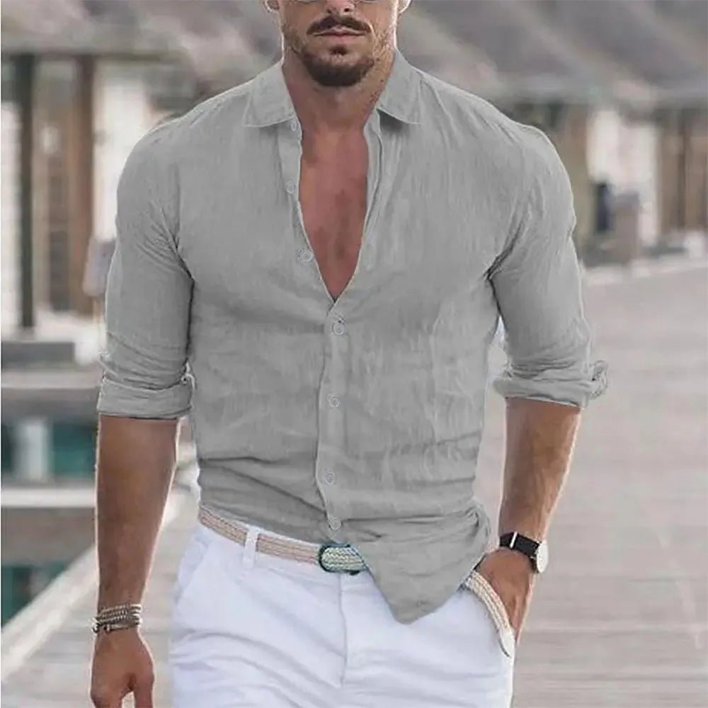 New Men's Shirt Cotton linen Casual Polo Neck Beach Shirt Long Sleeve Solid Hawaiian Holiday Shirts Streetwear - StepByStepNow