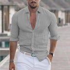 New Men's Shirt Cotton linen Casual Polo Neck Beach Shirt Long Sleeve Solid Hawaiian Holiday Shirts Streetwear - StepByStepNow