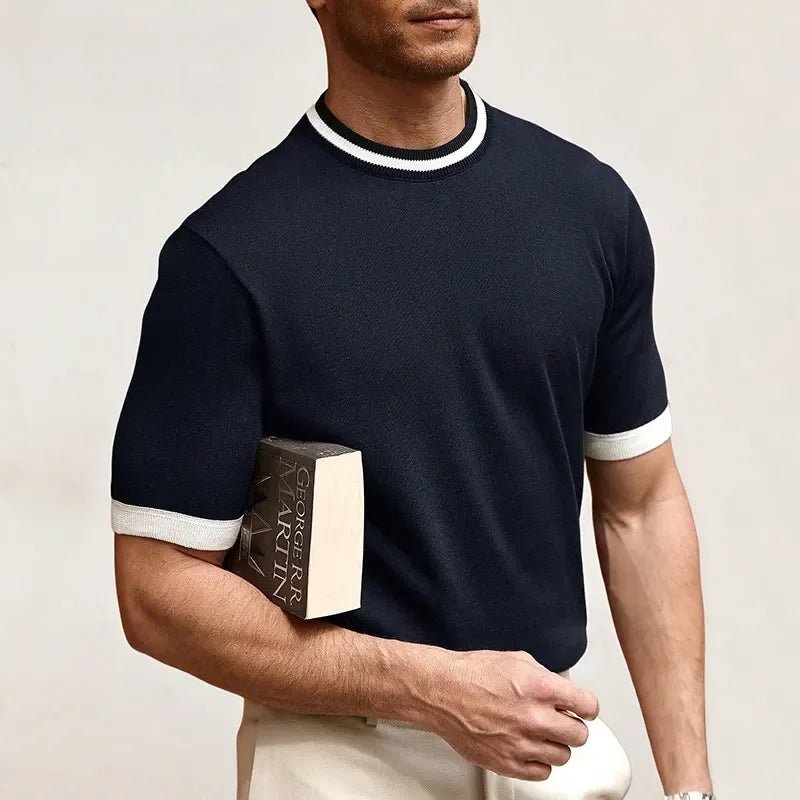 New Men's Stretch Knit T Shirts Casual Short Sleeve Summer Top Knitted Pullover Shirts Crewneck Contrast Knitwear - StepByStepNow