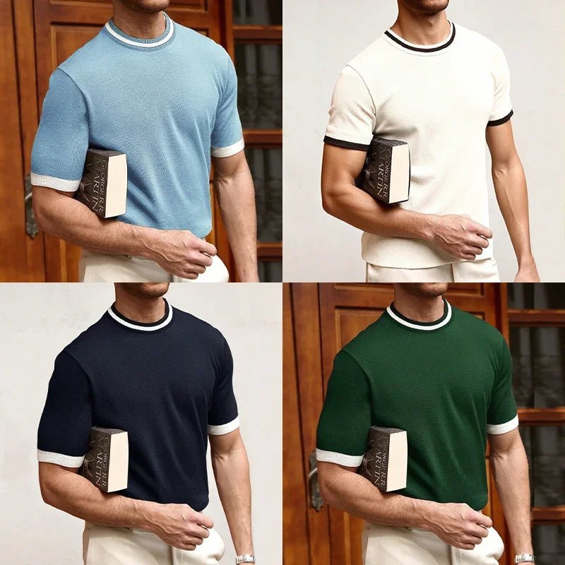 New Men's Stretch Knit T Shirts Casual Short Sleeve Summer Top Knitted Pullover Shirts Crewneck Contrast Knitwear - StepByStepNow