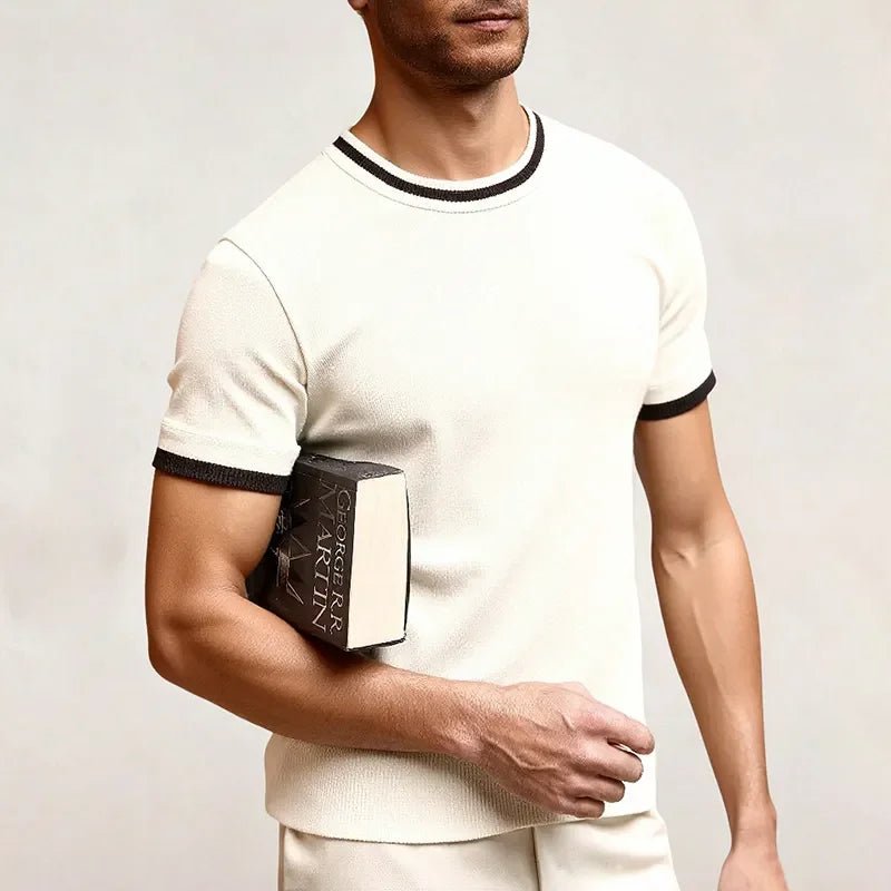 New Men's Stretch Knit T Shirts Casual Short Sleeve Summer Top Knitted Pullover Shirts Crewneck Contrast Knitwear - StepByStepNow