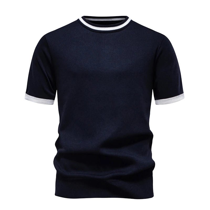 New Men's Stretch Knit T Shirts Casual Short Sleeve Summer Top Knitted Pullover Shirts Crewneck Contrast Knitwear - StepByStepNow