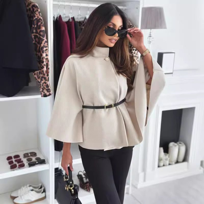 New Stand Collar Batwing Sleeves Cloak Top With Belt Ins Fashion Temperament Jacket Woolen Sweater Outwear For Women Clothing - StepByStepNow