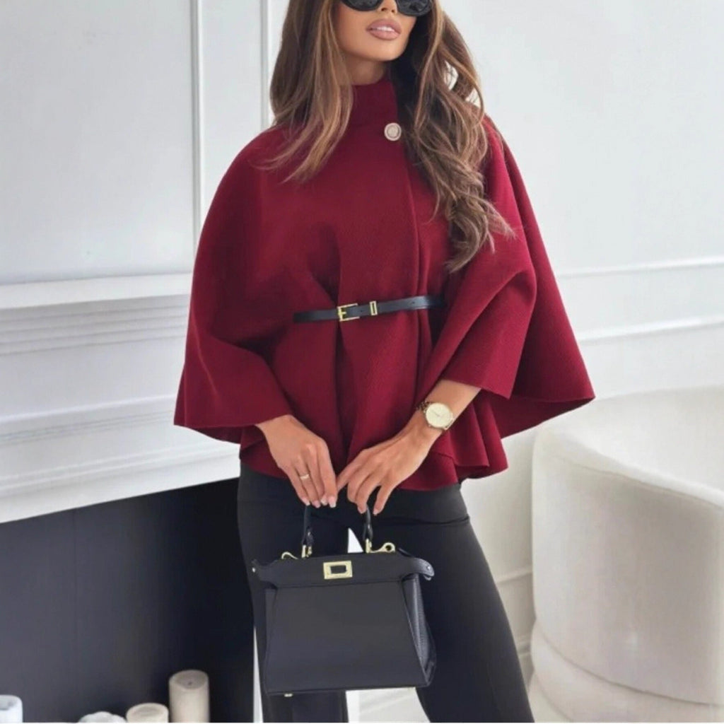 New Stand Collar Batwing Sleeves Cloak Top With Belt Ins Fashion Temperament Jacket Woolen Sweater Outwear For Women Clothing - StepByStepNow