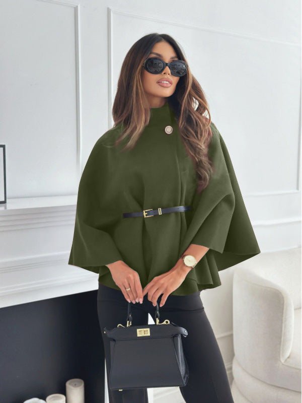 New Stand Collar Batwing Sleeves Cloak Top With Belt Ins Fashion Temperament Jacket Woolen Sweater Outwear For Women Clothing - StepByStepNow