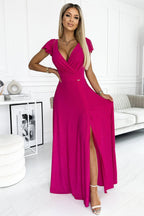 Numoco 411 - 5 CRYSTAL long shimmering dress with a neckline - fuchsia - StepByStep