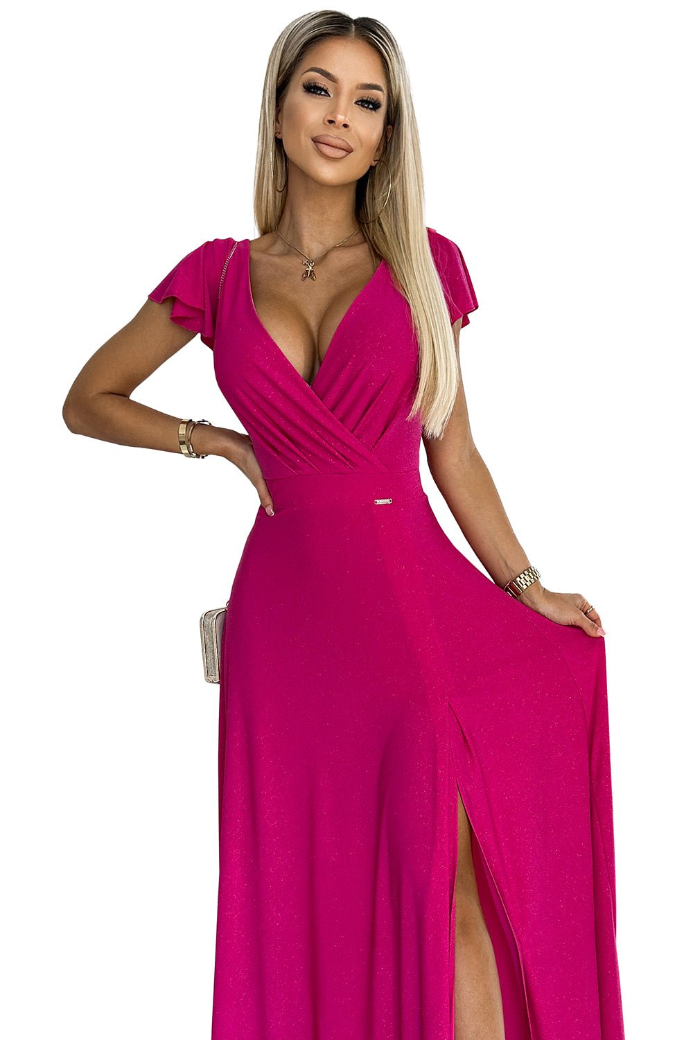 Numoco 411 - 5 CRYSTAL long shimmering dress with a neckline - fuchsia - StepByStep