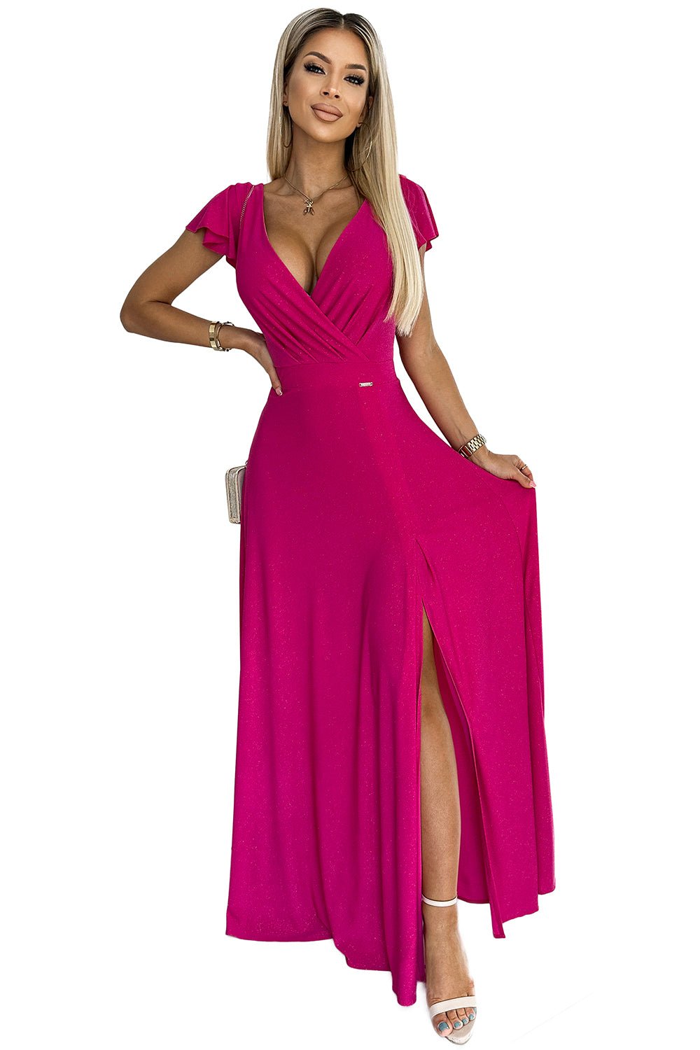 Numoco 411 - 5 CRYSTAL long shimmering dress with a neckline - fuchsia - StepByStep