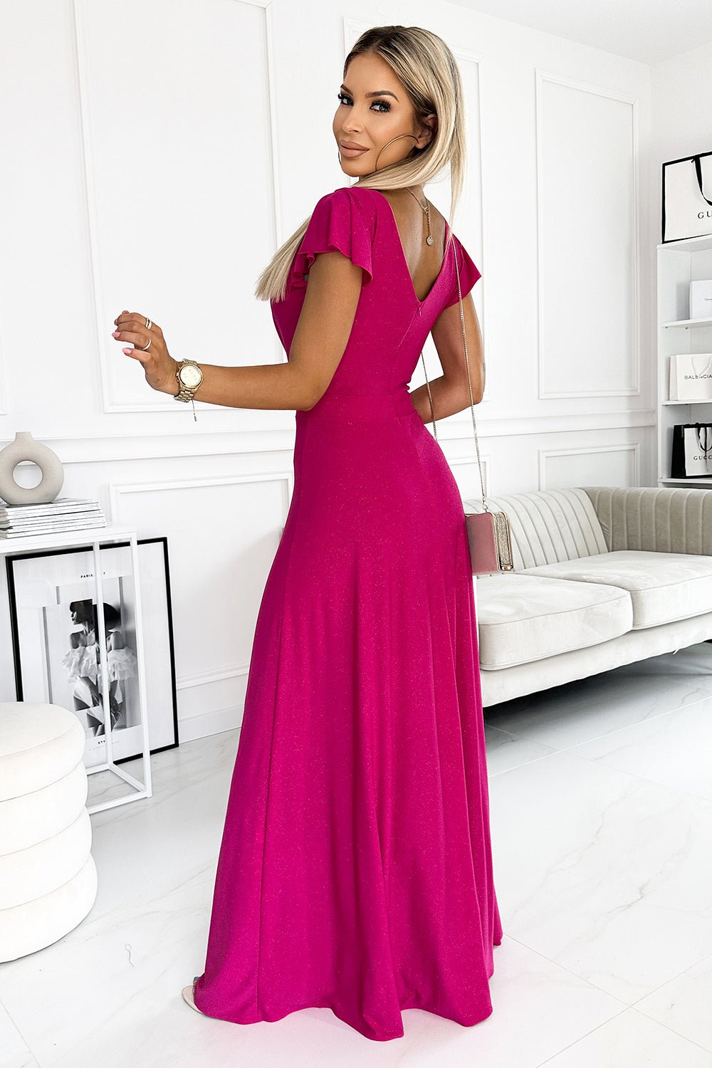 Numoco 411 - 5 CRYSTAL long shimmering dress with a neckline - fuchsia - StepByStep