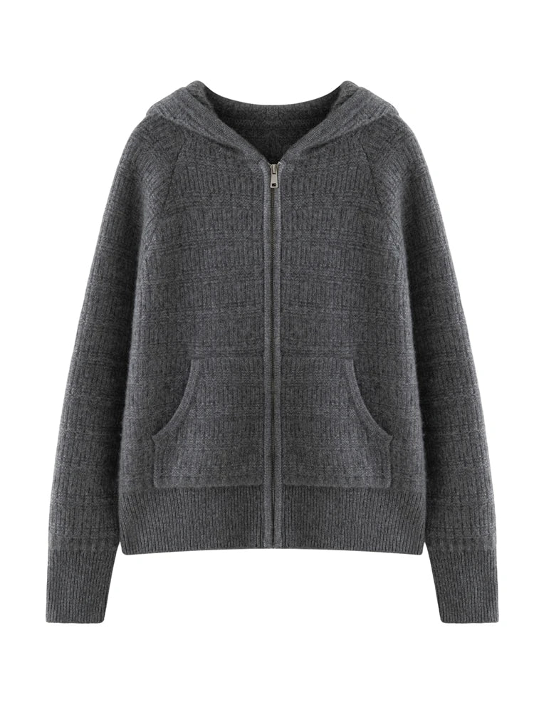 Nuovo cardigan con cappuccio lavorato a maglia in cashmere 100% da donna di alta qualità Cappotto con cerniera autunno inverno Maglione spesso comfort casual di lusso - StepByStepNow