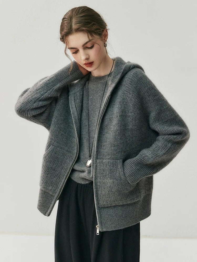 Nuovo cardigan con cappuccio lavorato a maglia in cashmere 100% da donna di alta qualità Cappotto con cerniera autunno inverno Maglione spesso comfort casual di lusso - StepByStepNow